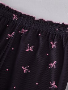 1 Set Tween Girl Home Wear Outfit Ribbed Fabric Black Base Pink Bow Print V Neck Frill Trim Button Placket Long Sleeve Pants Two Pieces Soft Skin-Friendly - Black - View 11