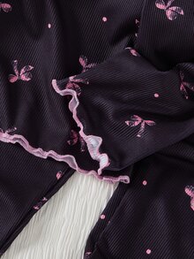 1 Set Tween Girl Home Wear Outfit Ribbed Fabric Black Base Pink Bow Print V Neck Frill Trim Button Placket Long Sleeve Pants Two Pieces Soft Skin-Friendly - Black - View 6