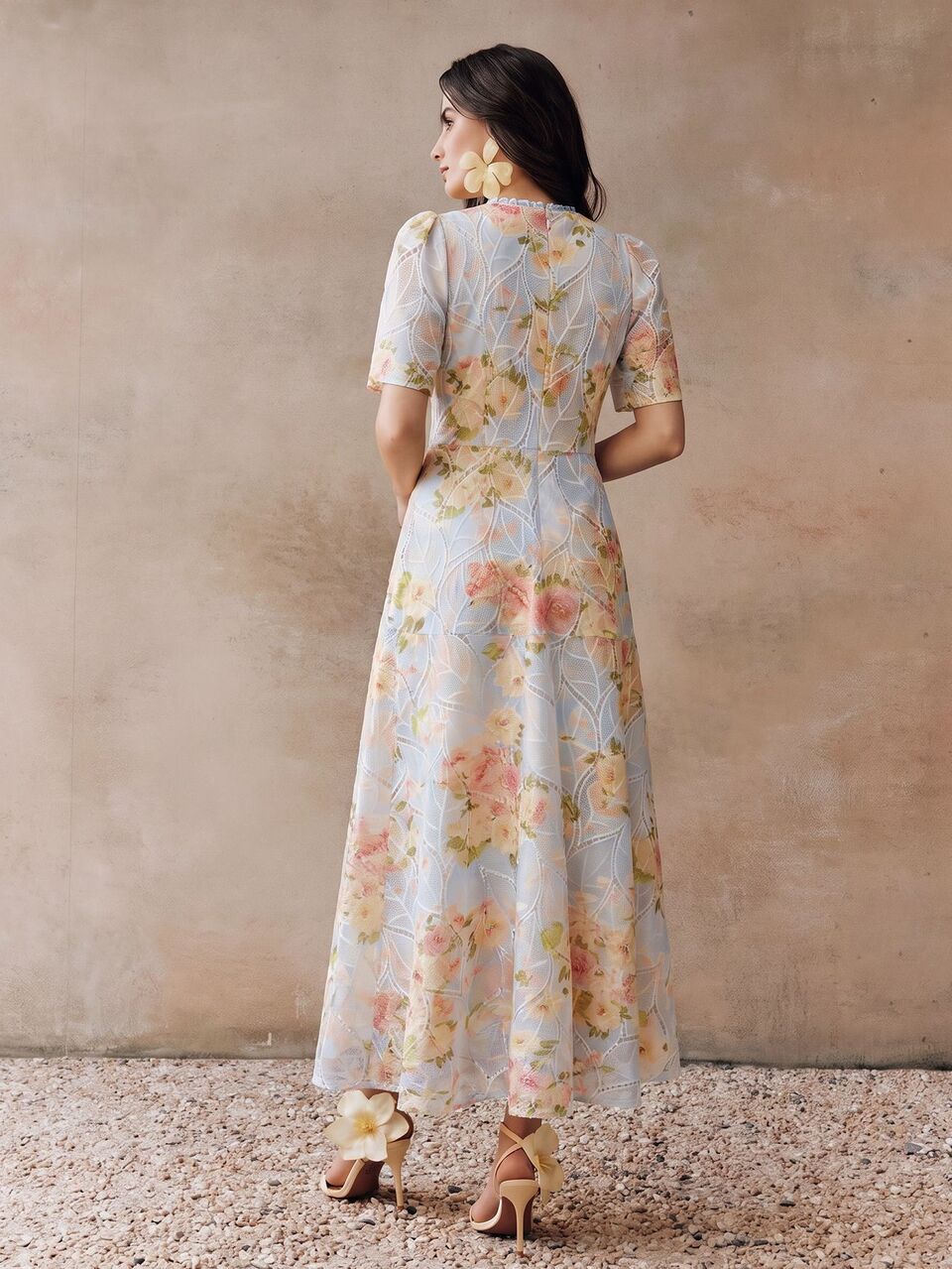 Anewsta Elegant Women's A-Line Flared Floral Midi Dress Round Neck Puff Short Sleeve Woven Fabric Zipper Detail