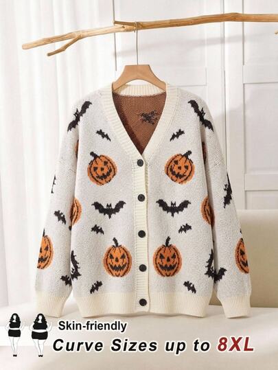 SHEIN CURVE+ Cardigan lavorato a maglia con motivo zucca di Ognissanti per donne taglie forti, Autunno/Inverno 2026