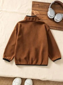 Genkimix Kids Color Block Patchwork, Half Stand Collar, Half Button Placket, Fleece .Dropped Shoulder Loose Fit, Unisex Kids, Wearable As Outerwear.Grey And Brown Color Matching Pullover - Brown - View 2