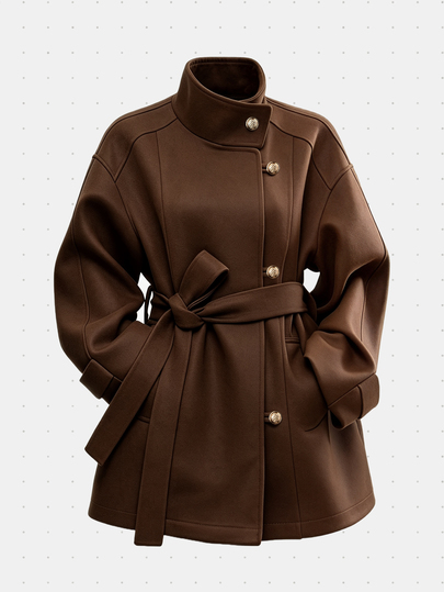 GlowEve Street Style Open Front Stand Collar Cinched Waist Vintage Fashion Tie French Commuter Versatile Women's Trench Coat Jacket