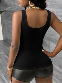 Slaydiva Casual Sexy Basic Racerback Sleeveless Deep V-Neck Narrow Ribbed Tank Top, Black Going Out Night Out Summer - Black - View 3