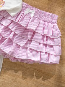 Emery Rose Kids Emery Rose Kids 两件套女童针织纯色贝壳图案圆领休闲T恤和荷叶边短裤套装 - 彩色 - 查看 4