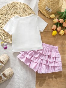 Emery Rose Kids Emery Rose Kids 两件套女童针织纯色贝壳图案圆领休闲T恤和荷叶边短裤套装 - 彩色 - 查看 3