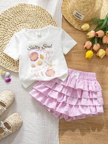 Emery Rose Kids Emery Rose Kids 两件套女童针织纯色贝壳图案圆领休闲T恤和荷叶边短裤套装 - 彩色 - 查看 2