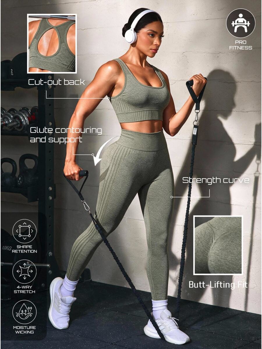 Solea Cove Solea Cove Seamless Women's Sports Set, U-Neck Backless High-Intensity Workout Bra And High-Waist Butt-Lifting Leggings 2 Pieces Set, Exercise Workout Pants - Green - View 1