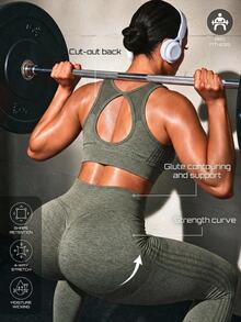 Solea Cove Solea Cove Seamless Women's Sports Set, U-Neck Backless High-Intensity Workout Bra And High-Waist Butt-Lifting Leggings 2 Pieces Set, Exercise Workout Pants - Green - View 1