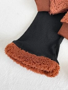 SHEIN Playful Pals 女嬰幼童女童上衣褲套裝，可愛甜美棕黑毛絨熊貼布蝴蝶結羅紋長袖圓領加厚派對冬季節日毛絨款 - 棕色 - 查看 13