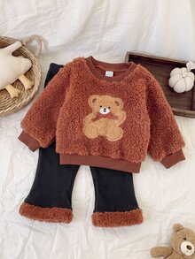 SHEIN Playful Pals 女嬰幼童女童上衣褲套裝，可愛甜美棕黑毛絨熊貼布蝴蝶結羅紋長袖圓領加厚派對冬季節日毛絨款 - 棕色 - 查看 6