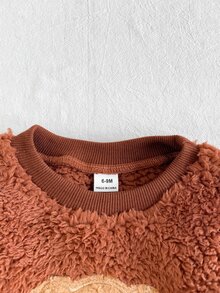SHEIN Playful Pals 女嬰幼童女童上衣褲套裝，可愛甜美棕黑毛絨熊貼布蝴蝶結羅紋長袖圓領加厚派對冬季節日毛絨款 - 棕色 - 查看 10