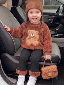 SHEIN Playful Pals 女嬰幼童女童上衣褲套裝，可愛甜美棕黑毛絨熊貼布蝴蝶結羅紋長袖圓領加厚派對冬季節日毛絨款 - 棕色 - 查看 4