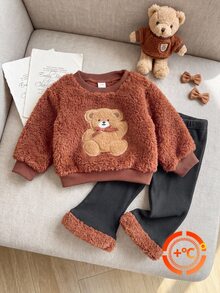 SHEIN Playful Pals 女嬰幼童女童上衣褲套裝，可愛甜美棕黑毛絨熊貼布蝴蝶結羅紋長袖圓領加厚派對冬季節日毛絨款 - 棕色 - 查看 8