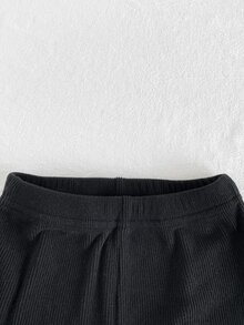 SHEIN Playful Pals 女嬰幼童女童上衣褲套裝，可愛甜美棕黑毛絨熊貼布蝴蝶結羅紋長袖圓領加厚派對冬季節日毛絨款 - 棕色 - 查看 5