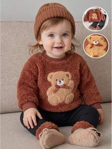 SHEIN Playful Pals 女嬰幼童女童上衣褲套裝，可愛甜美棕黑毛絨熊貼布蝴蝶結羅紋長袖圓領加厚派對冬季節日毛絨款 - 棕色 - 查看 1