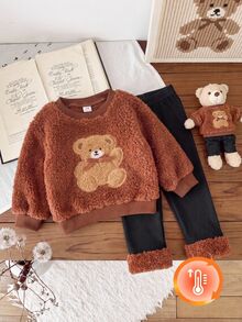 SHEIN Playful Pals 女嬰幼童女童上衣褲套裝，可愛甜美棕黑毛絨熊貼布蝴蝶結羅紋長袖圓領加厚派對冬季節日毛絨款 - 棕色 - 查看 2