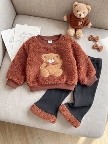 SHEIN Playful Pals 女嬰幼童女童上衣褲套裝，可愛甜美棕黑毛絨熊貼布蝴蝶結羅紋長袖圓領加厚派對冬季節日毛絨款 - 棕色 - 查看 7