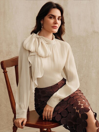 Anewsta Essential Top Feminina de Gola Alta e Manga Longa com Laço, Estilo Elegante Francês para Escritório
