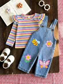 SHEIN Cute Baby Girl's Overall Jumpsuit Featuring Butterfly, Bee, And Flower Prints; Suitable For Autumn And Winter Wear. - Multicolor - View 3