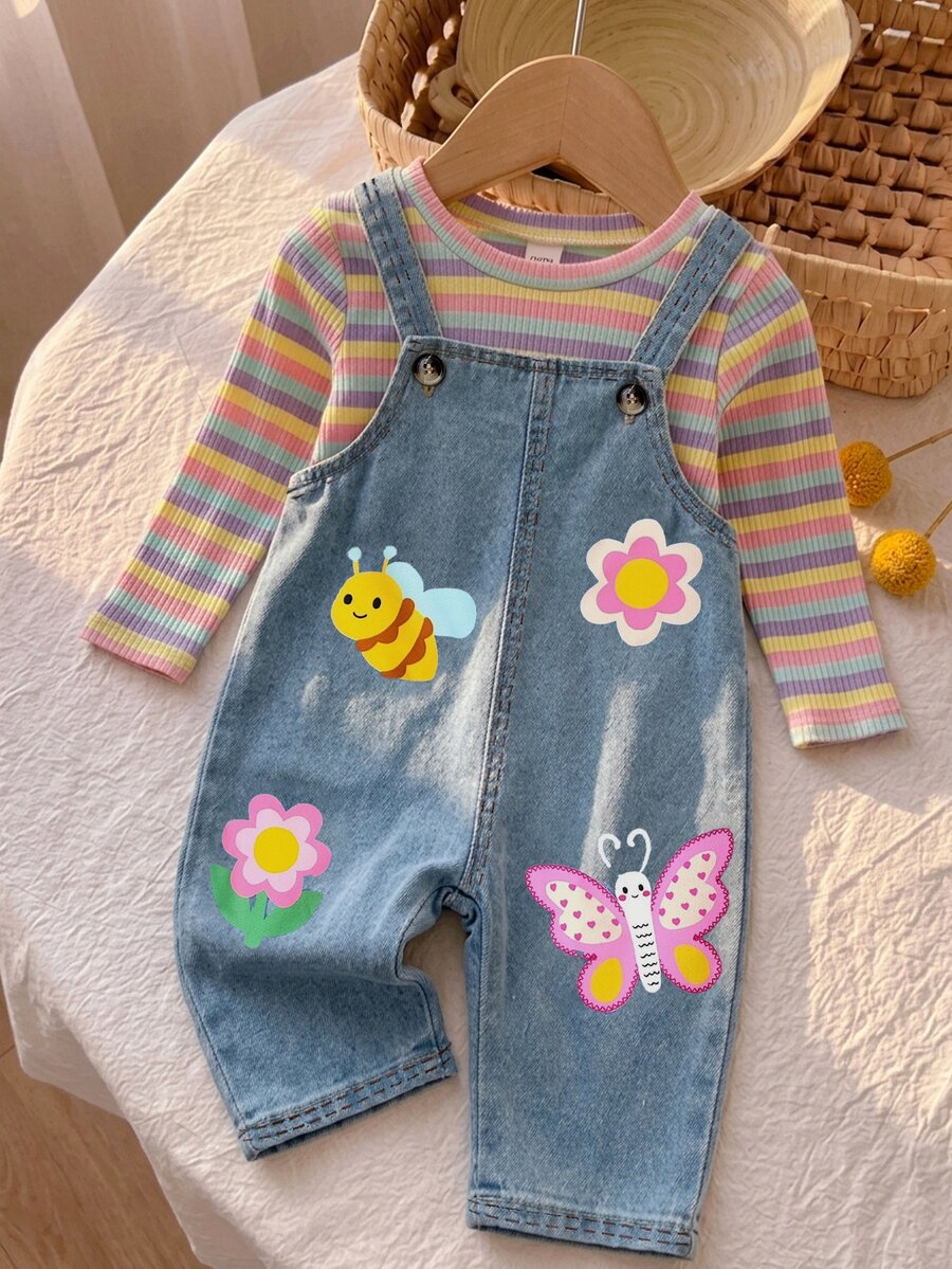 SHEIN Cute Baby Girl's Overall Jumpsuit Featuring Butterfly, Bee, And Flower Prints; Suitable For Autumn And Winter Wear. - Multicolor - View 1