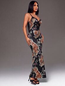 Radiana Plus Size Women Leopard & Floral Print Lace Patchwork Waist-Flattering Slimming Bodycon Spaghetti Strap Dress - Multicolor - View 5