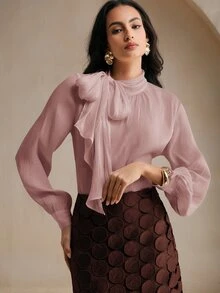 Anewsta Essential 女士高领长袖系带袖口优雅时尚通勤衬衫，配蝴蝶结 - 藕粉色 - 查看 1