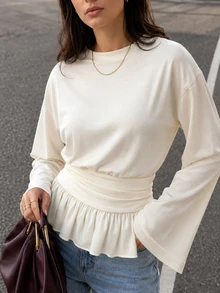 Solavon Women's Solid Color Round Neck Long Sleeve Ruffle Hem Blouse - Light Yellow - View 4