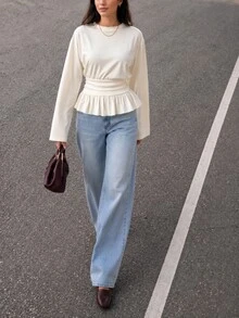 Solavon Women's Solid Color Round Neck Long Sleeve Ruffle Hem Blouse - Light Yellow - View 8