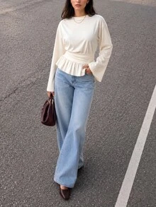 Solavon Women's Solid Color Round Neck Long Sleeve Ruffle Hem Blouse - Light Yellow - View 5