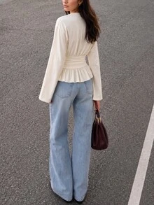 Solavon Women's Solid Color Round Neck Long Sleeve Ruffle Hem Blouse - Light Yellow - View 3