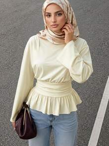 Solavon Women's Solid Color Round Neck Long Sleeve Ruffle Hem Blouse - Light Yellow - View 2