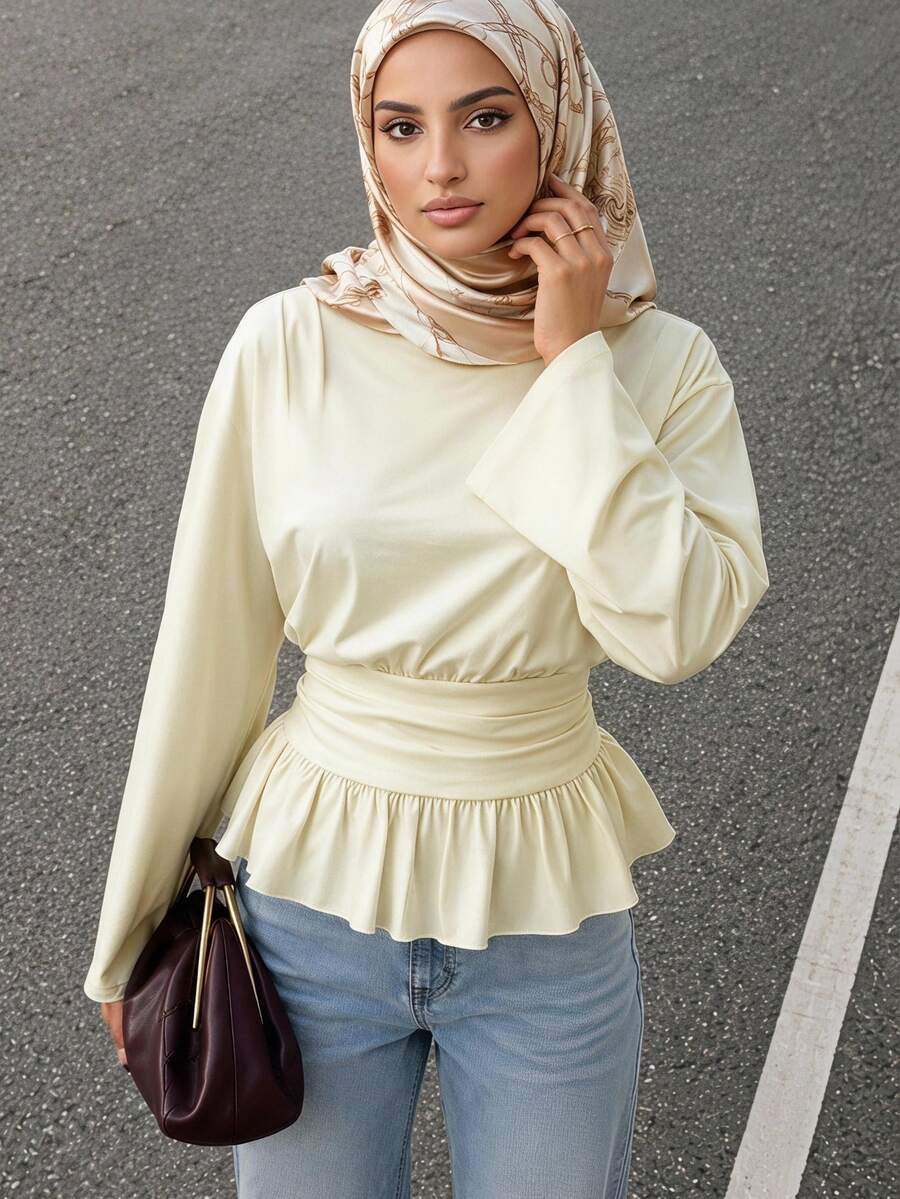 Solavon Women's Solid Color Round Neck Long Sleeve Ruffle Hem Blouse