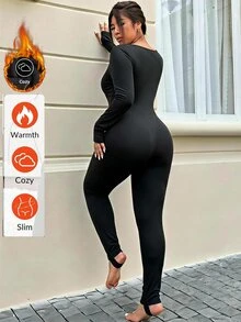 SHEIN EZwear Plus Size Women Solid Color Square Neck Long Sleeve Casual Jumpsuit - Black - View 3
