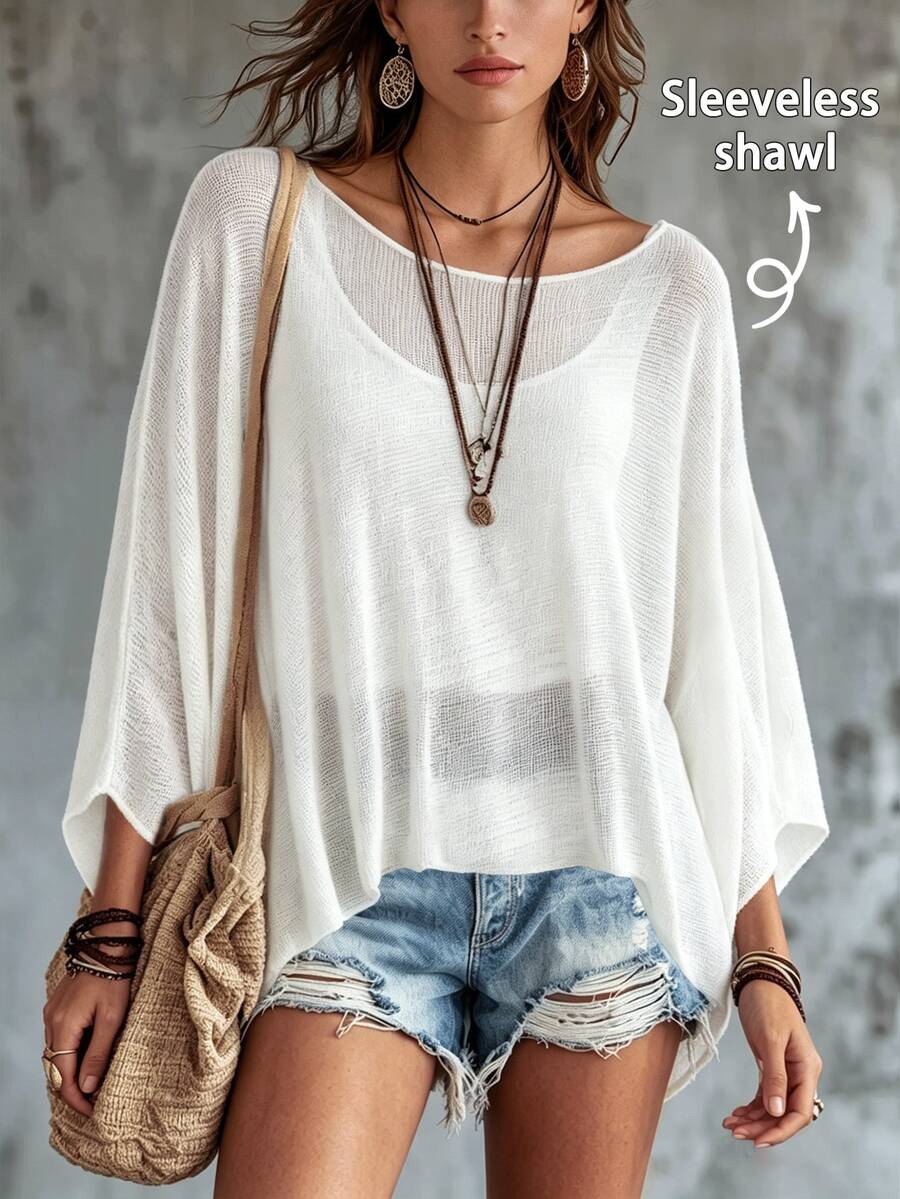 SHEIN 夏季女款白色海灘度假披肩上衣