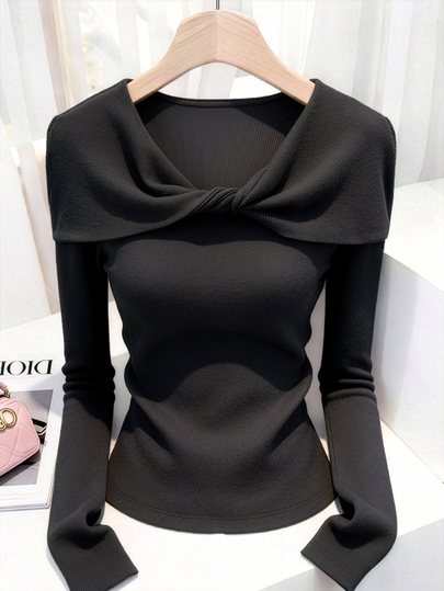 GlowEve French Elegant Commuter Outwear Versatile Knit Faux Sweater Fuzzy Ribbed Comfortable Twisted Design Top Vintage Fashion Slim Fit Women's T-Shirt