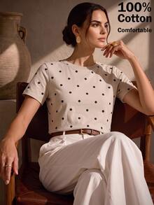 Anewsta Women's Fall/Winter Beige Black Polka Dot Minimalist French Elegant Casual Formal Short Sleeve T Shirt, All Match Versatile Brunch Going Out Tops - Khaki - View 3