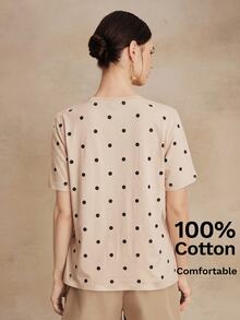 Anewsta Women's Fall/Winter Beige Black Polka Dot Minimalist French Elegant Casual Formal Short Sleeve T Shirt, All Match Versatile Brunch Going Out Tops - Khaki - View 4