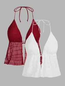 SHEIN ICON Y2k 夏季夏威夷服饰纯色露背吊带上衣 - 彩色 - 查看 3