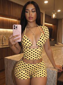 Slaydiva 2026 New Casual Vacation Beach Elegant Sexy Polka Dot Tie Front Hollow Out Top With Bikini Top And Shorts Swimwear 2 Pieces Set Swimwears For Women - Yellow - View 1