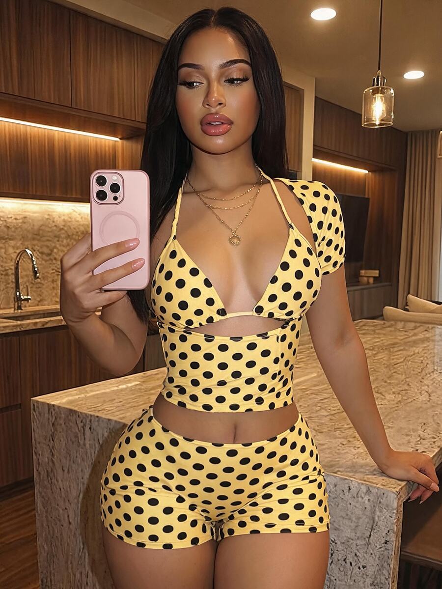 Slaydiva 2026 New Casual Vacation Beach Elegant Sexy Polka Dot Tie Front Hollow Out Top With Bikini Top And Shorts Swimwear 2 Pieces Set Swimwears For Women - Yellow - View 1