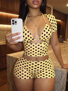 Slaydiva 2026 New Casual Vacation Beach Elegant Sexy Polka Dot Tie Front Hollow Out Top With Bikini Top And Shorts Swimwear 2 Pieces Set Swimwears For Women - Yellow - View 2