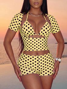 Slaydiva 2026 New Casual Vacation Beach Elegant Sexy Polka Dot Tie Front Hollow Out Top With Bikini Top And Shorts Swimwear 2 Pieces Set Swimwears For Women - Yellow - View 7