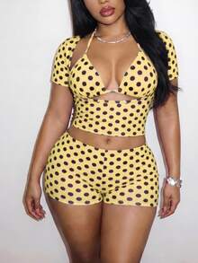 Slaydiva 2026 New Casual Vacation Beach Elegant Sexy Polka Dot Tie Front Hollow Out Top With Bikini Top And Shorts Swimwear 2 Pieces Set Swimwears For Women - Yellow - View 9