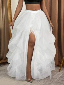 Slaydiva 2024 New Elegant Mesh High Waist Exaggerated Prom Skirt, Slit Puffy Tulle Ballet Maxi Floor Length A-Line Layered Net Plus Size Fall - White - View 4
