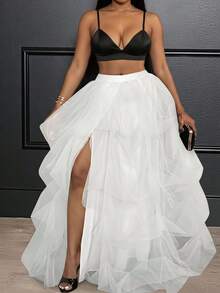 Slaydiva 2024 New Elegant Mesh High Waist Exaggerated Prom Skirt, Slit Puffy Tulle Ballet Maxi Floor Length A-Line Layered Net Plus Size Fall - White - View 1