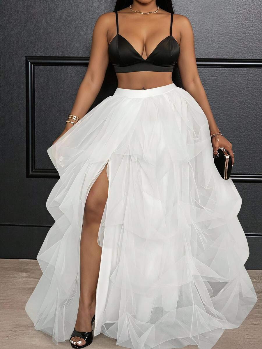 Slaydiva 2024 New Elegant Mesh High Waist Exaggerated Prom Skirt, Slit Puffy Tulle Ballet Maxi Floor Length A-Line Layered Net Plus Size Fall - White - View 1