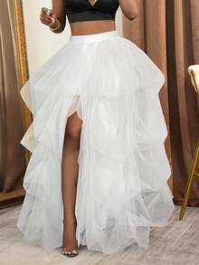 Slaydiva 2024 New Elegant Mesh High Waist Exaggerated Prom Skirt, Slit Puffy Tulle Ballet Maxi Floor Length A-Line Layered Net Plus Size Fall - White - View 6