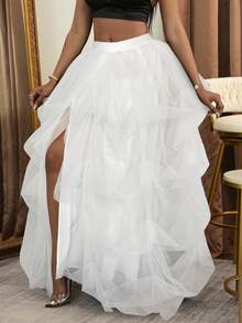 Slaydiva 2024 New Elegant Mesh High Waist Exaggerated Prom Skirt, Slit Puffy Tulle Ballet Maxi Floor Length A-Line Layered Net Plus Size Fall - White - View 3