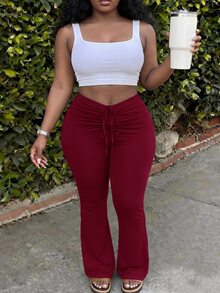 Slaydiva 新款春夏女款大尺碼褲子：休閒街頭風，棕色，百搭時尚，修身顯瘦，抽繩設計，荷葉邊喇叭褲。適合日常穿著、購物、街頭風、休閒穿搭、旅行、度假、海灘、西部風、遊牧風、波希米亞風、機場穿搭、節慶、音樂節、約會、派對、運動及其他場合。 - 酒紅色 - 查看 6