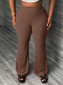 Slaydiva Plus Size Elastic Waist Loose Casual Flare Pants, Suitable For Autumn And Summer - Rust Brown - View 4
